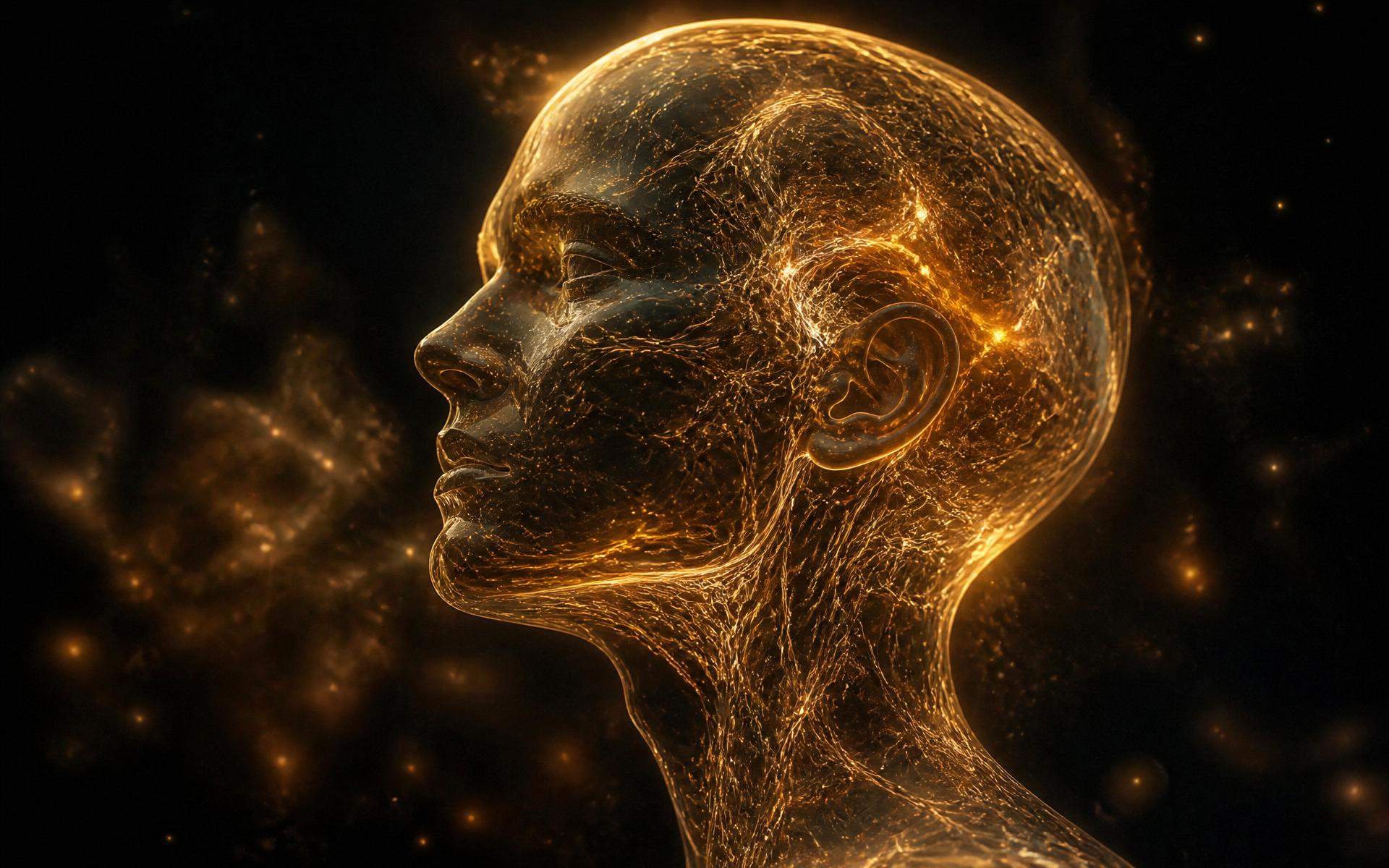 A glowing neural human head made of golden filaments